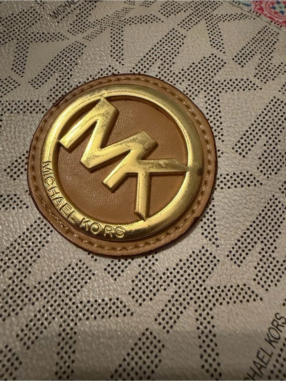 Michael Kors Beige Logo Tote with Tan Leather Straps and Gold Accents